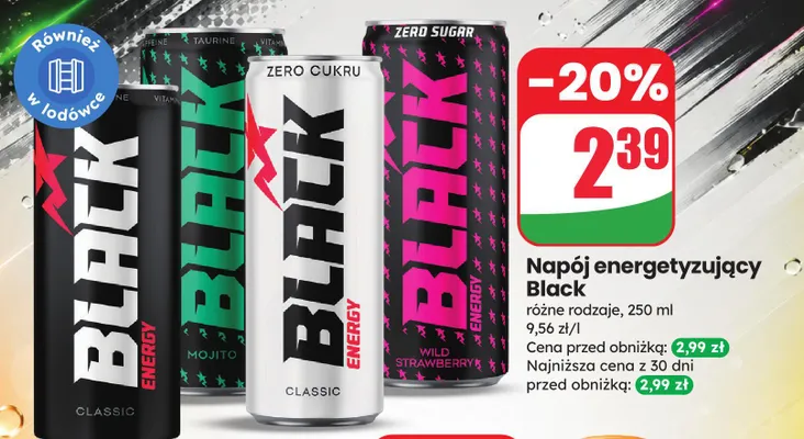 Napój energetyzujący Black Wild Strawberry Zero Sugar promocja w Dino