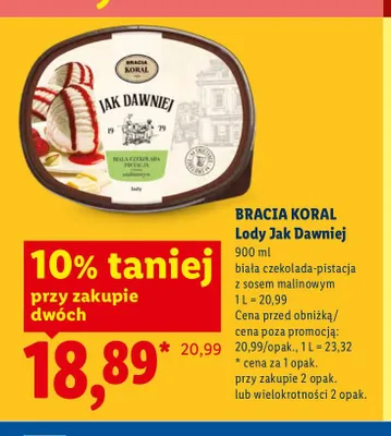 Lody Jak Dawniej Bracia Koral biała czekolada-pistacja z sosem malinowym promocja w Lidl