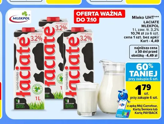 Mleko UHT Łaciate Mlekpol 3,2% promocja w Carrefour