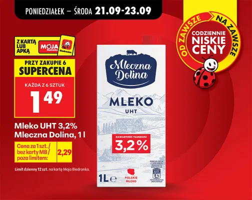 Mleko UHT Mleczna Dolina 3,2% promocja w Biedronka