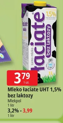 Mleko UHT Łaciate bez laktozy Mlekpol 3,2% promocja w Leclerc