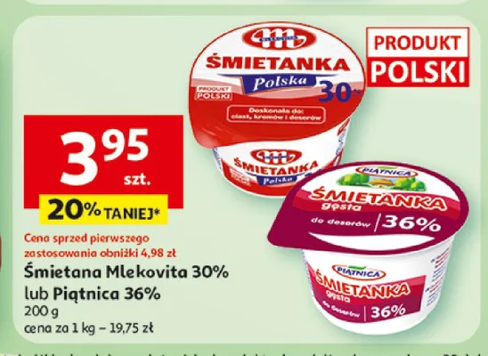 Śmietana Mlekovita 30% lub Piątnica 36% promocja w Auchan