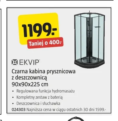 Czarna kabina prysznicowa z deszczownicą 90x90x225 cm Ekvip promocja w Jula