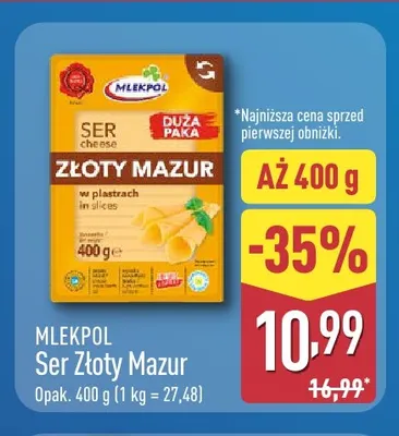 Ser Złoty Mazur w plastrach Mlekpol promocja w Aldi