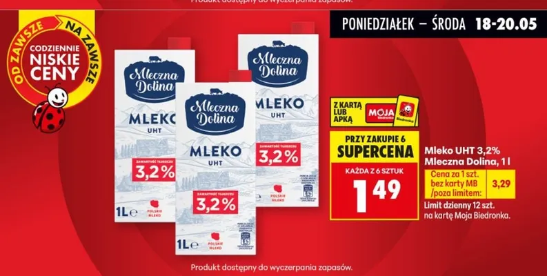 Mleko UHT 3,2% Mleczna Dolina promocja w Biedronka