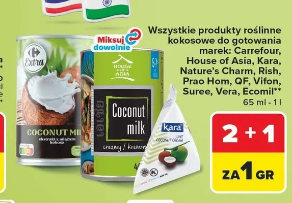 Produkty roślinne kokosowe do gotowania marek Carrefour House of Asia Kara Nature's Charm Rish Prao Hom QF Vifon Suree Vera Ecomil promocja w Carrefour