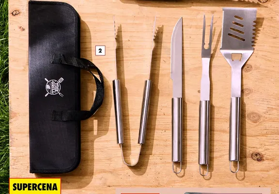 Zestaw ze szczypcami, szpatułką z widelcem i nożem w etui promocja w Biedronka