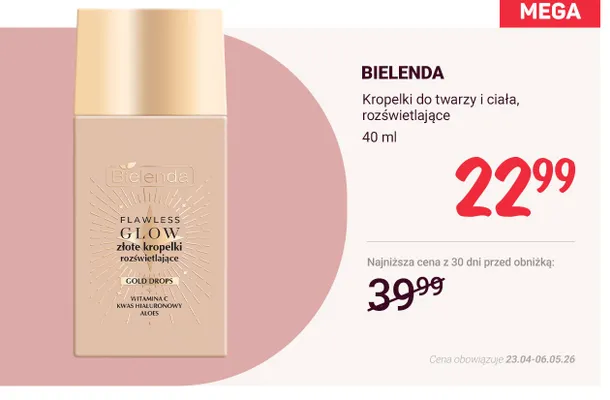 Kropelki do twarzy i ciała rozświetlające Bielenda Flawless Glow złote kropelki promocja w Rossmann