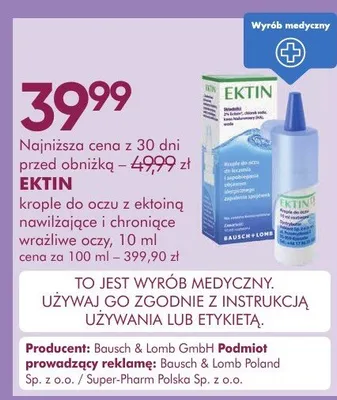 Krople do oczu z ektoiną nawilżające i chroniące wrażliwe oczy promocja w Super-Pharm
