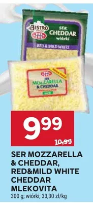 Ser mozzarella & cheddar, red&mild white cheddar mlekovita promocja w Stokrotka