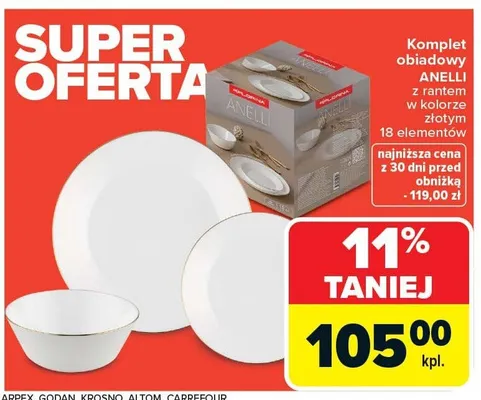 Komplet obiadowy Anelli z rantem w kolorze złotym 18 elementów promocja w Carrefour