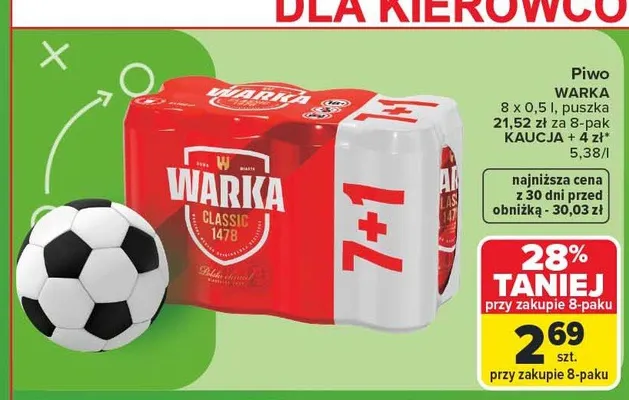 Piwo Warka Classic 8-pak 500 ml promocja w Carrefour