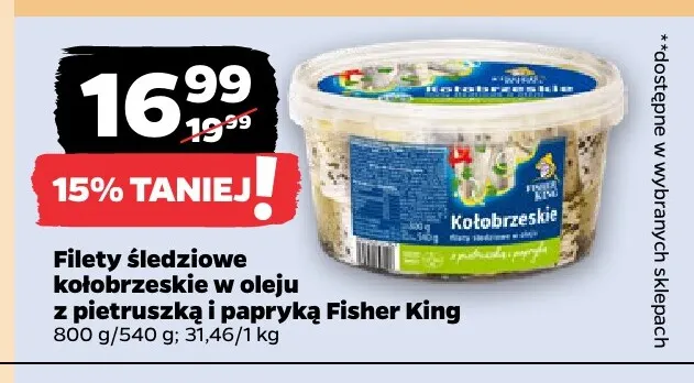 Filety śledziowe kołobrzeskie w oleju z pietruszką i papryką Fisher King promocja w Netto