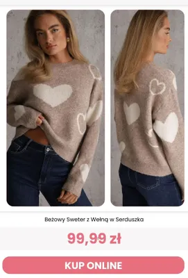Beżowy sweter z wełną w serduszka Reneé promocja w Renee