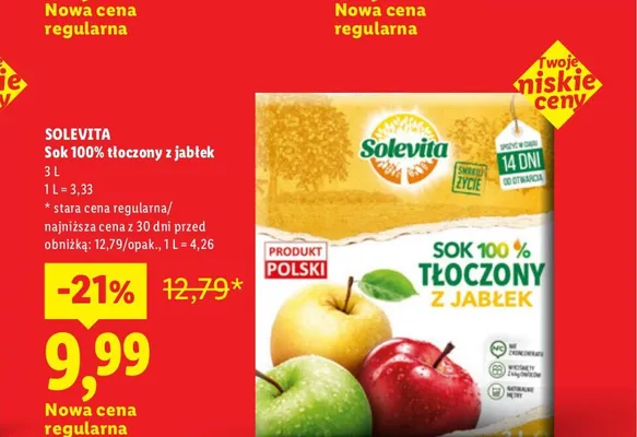 Sok tłoczony z jabłek Solevita 100% promocja w Lidl