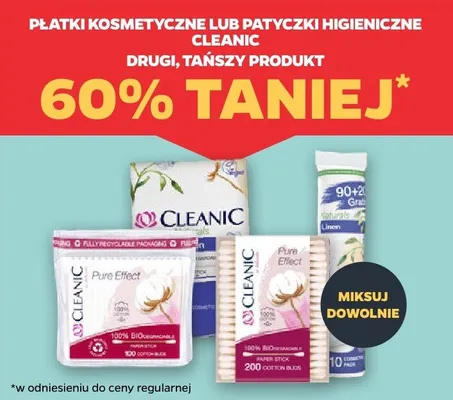 Płatki kosmetyczne lub patyczki higieniczne Cleanic DRUGIE -60% promocja w Netto