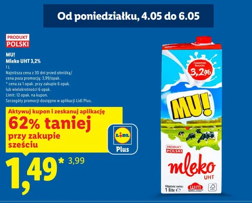 Mleko UHT 3,2% MU! promocja w Lidl