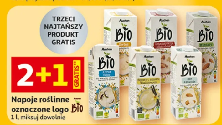 Napoje roślinne oznaczone logo Bio promocja w Auchan