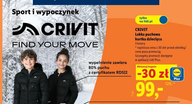 Lekka puchowa kurtka dziecięca Crivit promocja w Lidl