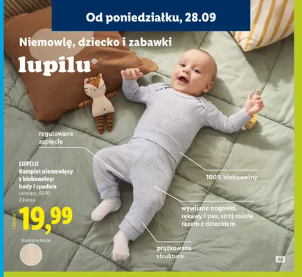 Komplet niemowlęcy z biobawełny body i spodnie Lupilu promocja w Lidl