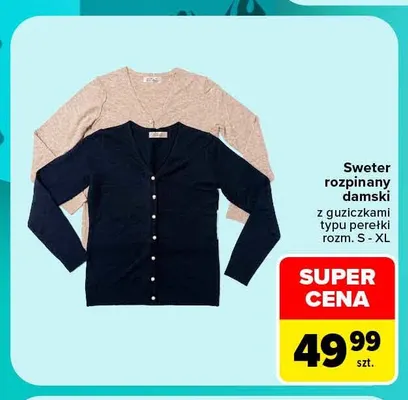 Sweter rozpinany damski z guziczkami typu perełki promocja w Carrefour