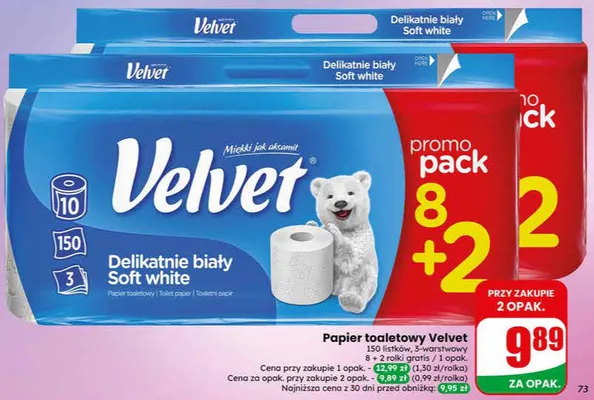 Papier toaletowy Velvet Delikatnie biały Soft white 150 listków 3-warstwowy promocja w Dino