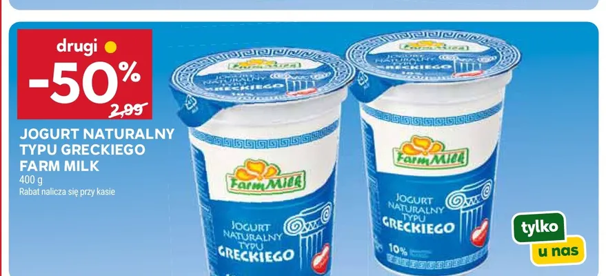 Jogurt naturalny typu greckiego Farm Milk promocja w Stokrotka