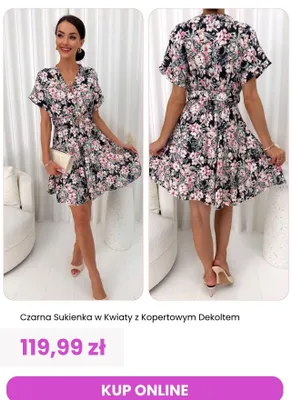 Sukienka damska czarna w kwiaty z kopertowym dekoltem ModnaKiecka.pl promocja w Modna Kiecka