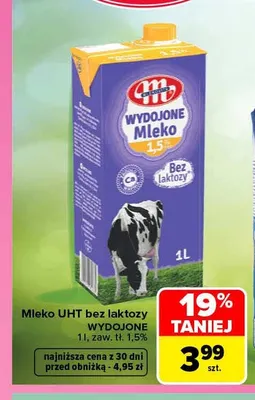 Mleko UHT bez laktozy Wydojone Mlekovita 1,5% promocja w Carrefour