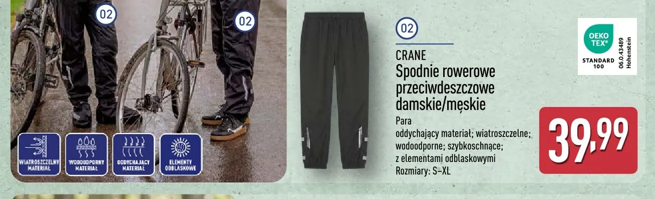 Spodnie rowerowe przeciwdeszczowe damskie/męskie Crane promocja w Aldi