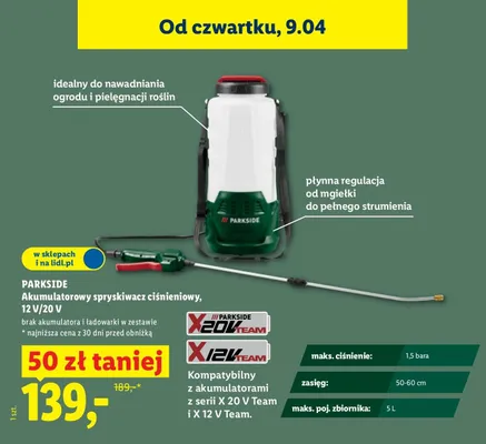 Akumulatorowy spryskiwacz ciśnieniowy 12V/20V promocja w Lidl