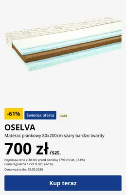 Materac piankowy OSELVA 80x200 cm szary bardzo twardy promocja w Jysk