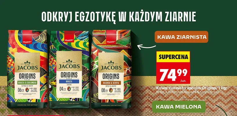 Kawa ziarnista Origins Brazil & Columbia, Uganda & Kenya, Brazil promocja w Biedronka