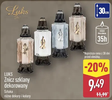 Znicz szklany dekorowany Luks 30 cm promocja w Aldi