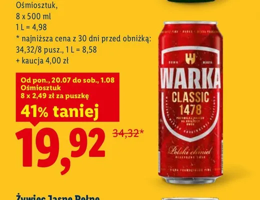 Piwo Warka Classic 8-pak promocja w Lidl