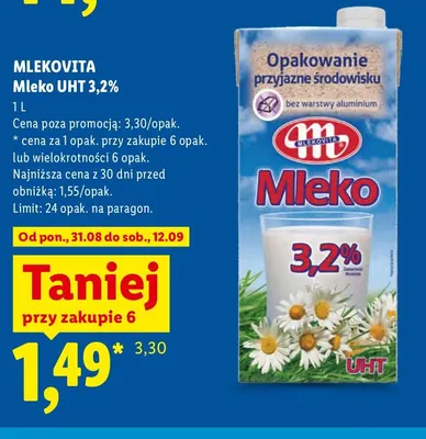 Mleko UHT Mlekovita 3,2% promocja w Lidl