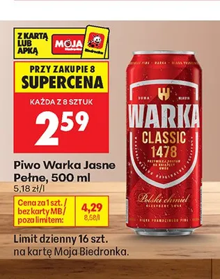 Piwo Warka Jasne Pełne promocja w Biedronka