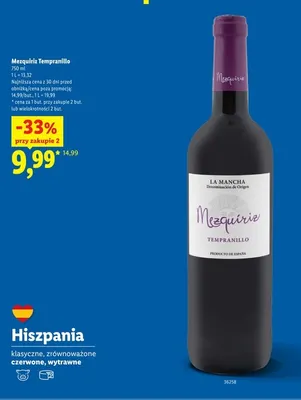 Wino czerwone Mezquiriz Tempranillo promocja w Lidl