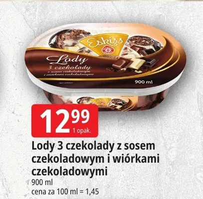 Lody 3 czekolady z sosem czekoladowym i wiórkami czekoladowymi Eskiss promocja w Leclerc