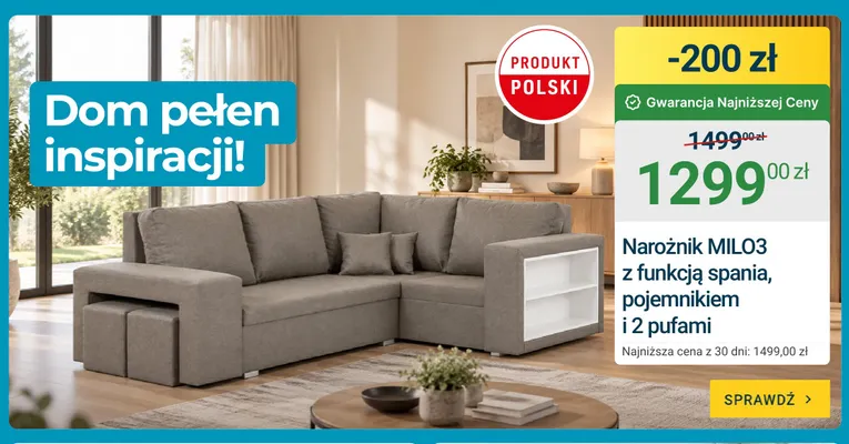Narożnik MILO3 z funkcją spania pojemnikiem i 2 pufami promocja w ERLI