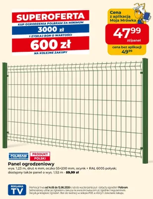 Panel ogrodzeniowy Polbram wys. 1,23m drut 4mm oczko 55x200mm ocynk + RAL 6005 połysk promocja w PSB Mrówka