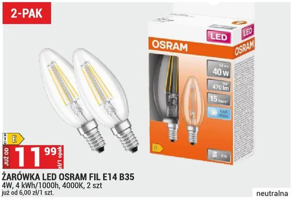 Żarówka LED Osram Fil E14 B35 4W, 4 kWh/1000h, 4000K 2-pak promocja w Merkury Market