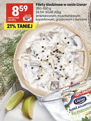 Filety śledziowe w sosie Lisner śmietanowym, musztardowym, koperkowym, grzybowym z kurkami promocja w Delikatesy Centrum