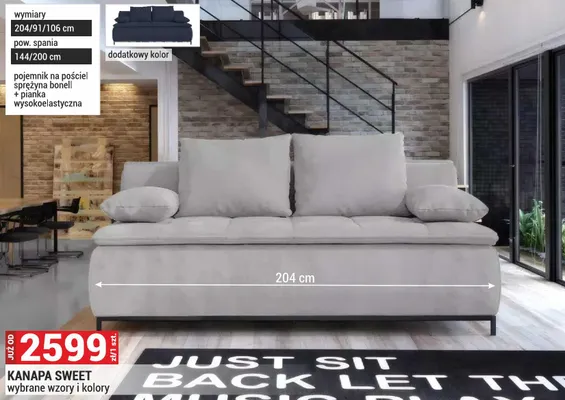 Kanapa Sweet 204/91/106cm wybrane wzory i kolory promocja w Merkury Market