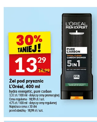 Żel pod prysznic L'Oréal Men Expert pure carbon promocja w Twój Market