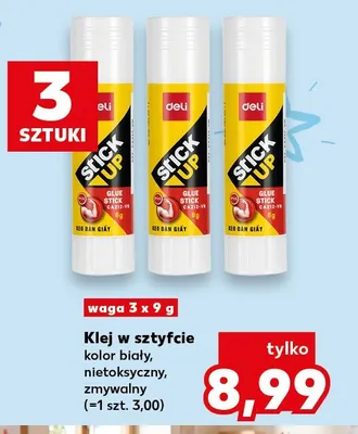 Klej w sztyfcie kolor biały nietoksyczny zmywalny Deli 3-pak promocja w Kaufland