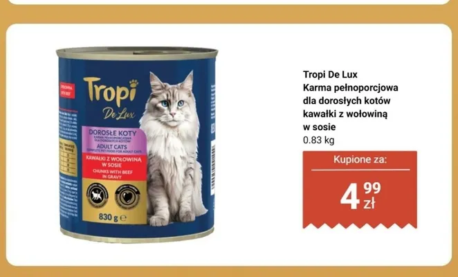 Karma dla kotów mokra kawałki z wołowiną w sosie Tropi De Lux promocja w Dino