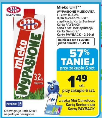 Mleko UHT wypasione Mlekovita promocja w Carrefour Market
