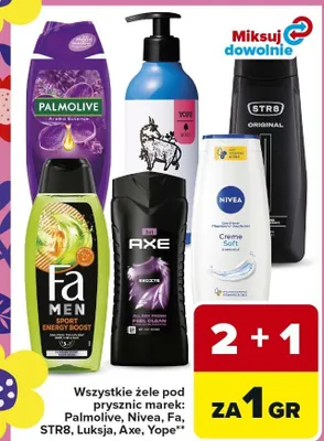 Wszystkie żele pod prysznic marek: Palmolive, Nivea, Fa, STR8, Luksja, Axe, Yope promocja w Carrefour