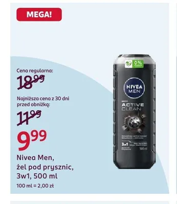 Żel pod prysznic Nivea Men Active Clean 3w1 promocja w Rossmann